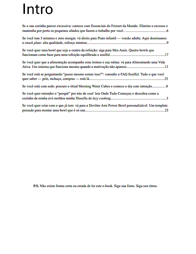 Introduction and table of contents page for the Portuguese e-book "Soulful Snacking," highlighting sections like "Essenciais do Freezer da Mamãe." devotre devôtre ami